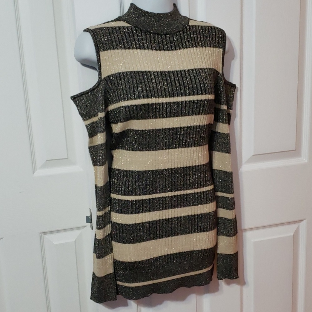 Questions womens shimmer sweater cold shoulder  L